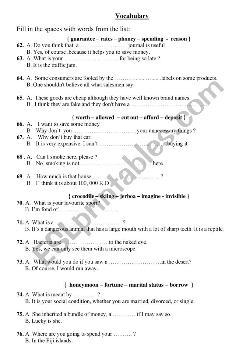 vocabulary esl worksheet by abdessalemmohamed