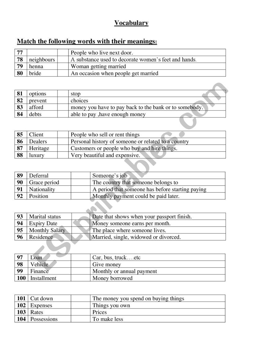 Vocabulary worksheet