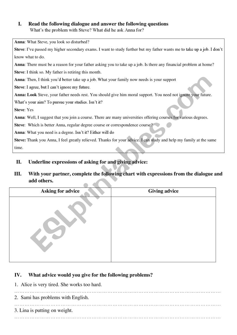 Asking for and giving advice worksheet