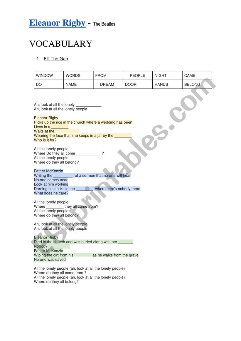 SONG ANALYSIS - Eleanor Rigby - The Beatles ( Grammar+Vocabulary )