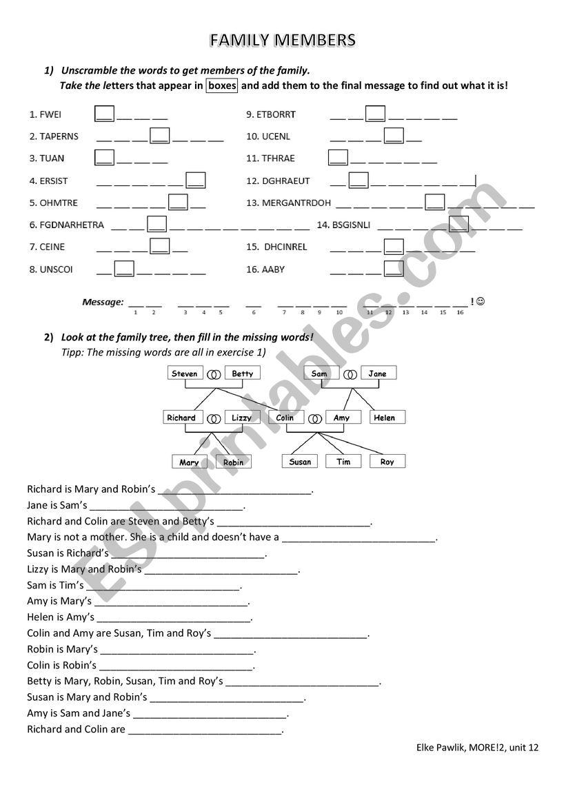 Family members worksheet