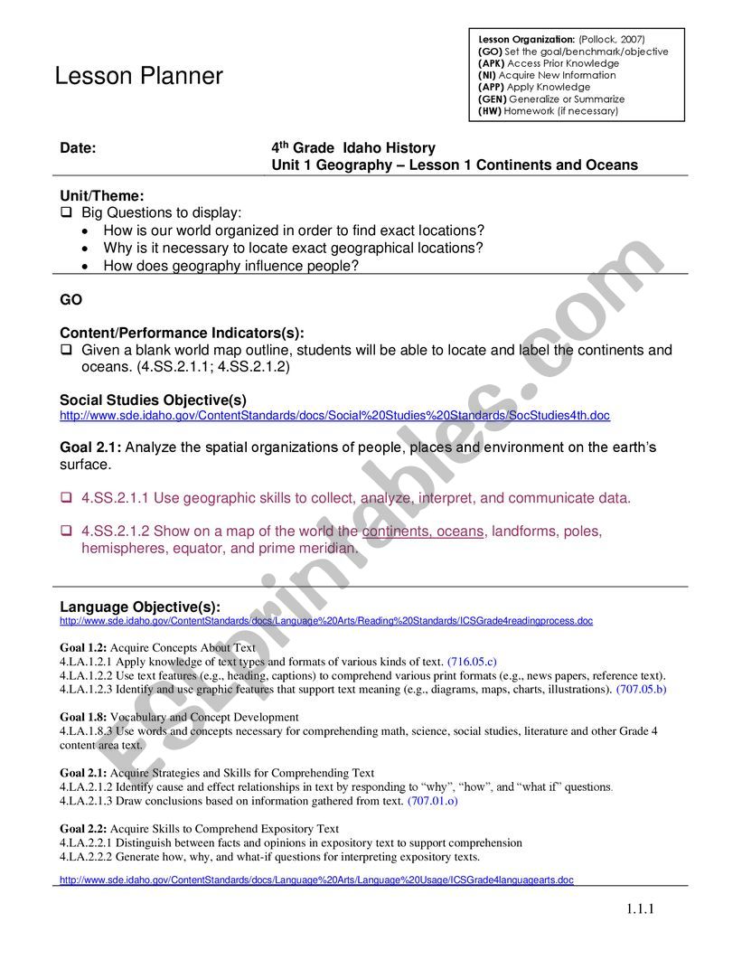 Oceans and Continent  worksheet