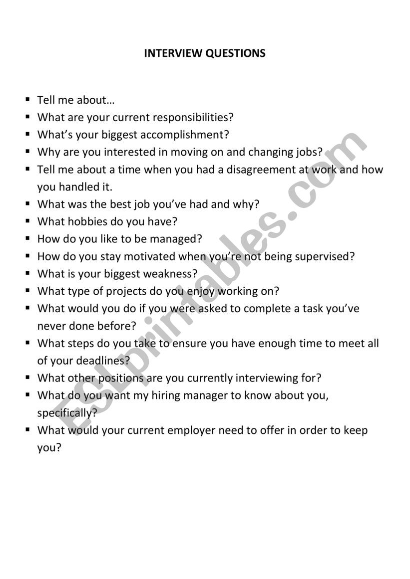JOB INTERVIEW QUESTIONS worksheet