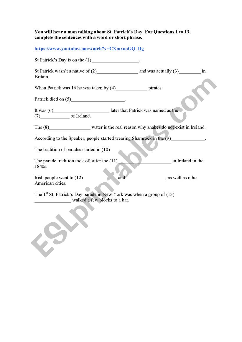 Saint Patricks listening worksheet