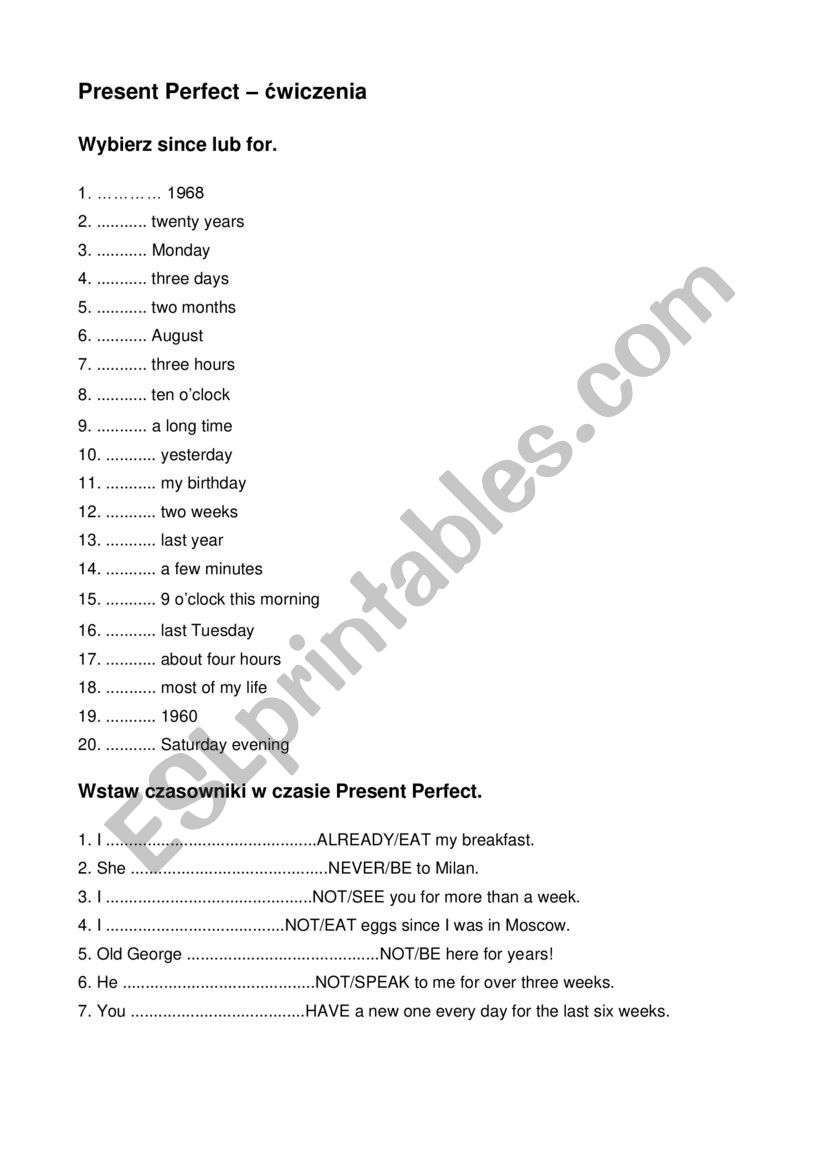 Present perfect exercise worksheet