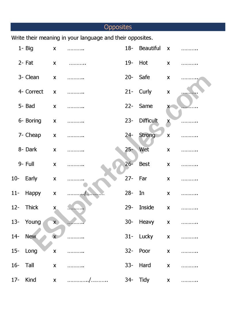 Opposites worksheet