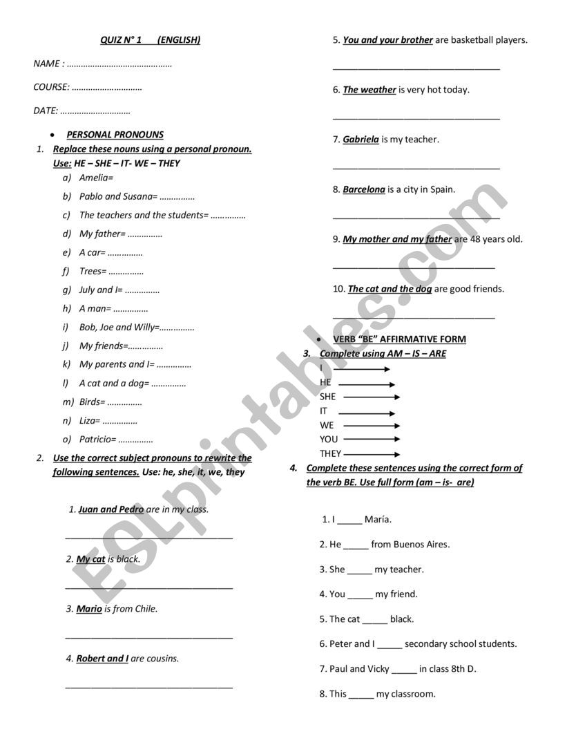 verb TO BE worksheet