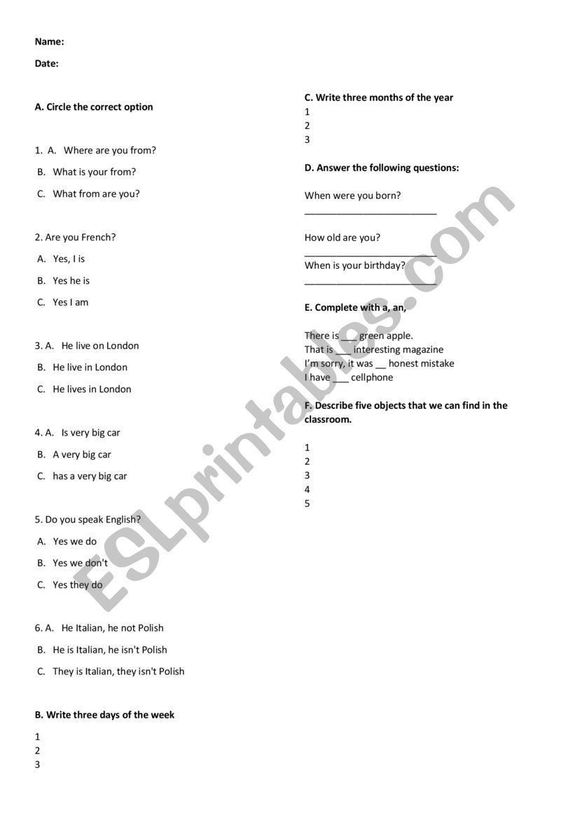 Test simple present worksheet