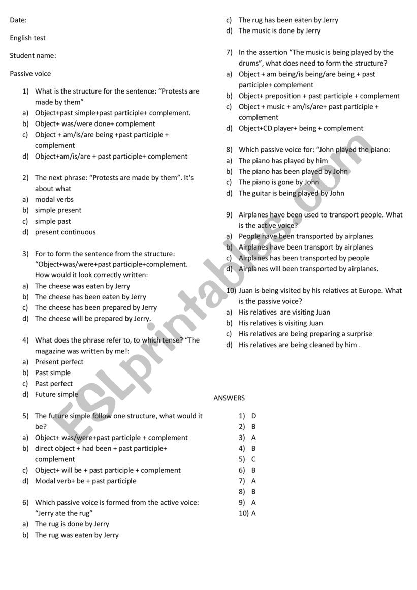 passive voice Evaluation  worksheet