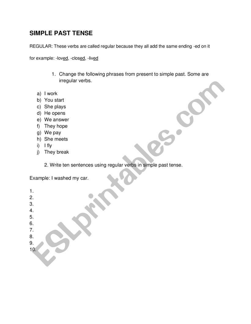 Simple Past Tense Worksheet worksheet
