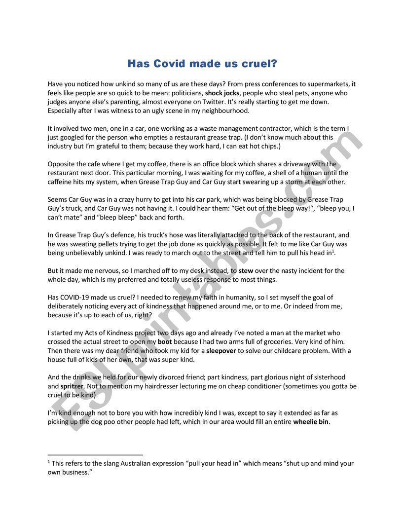 Has COVID made us cruel? worksheet