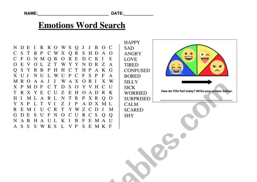 Emotions Wordsearch worksheet
