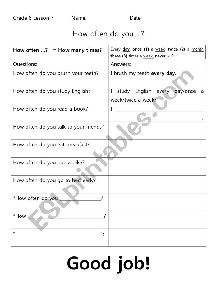 How often do you? worksheet