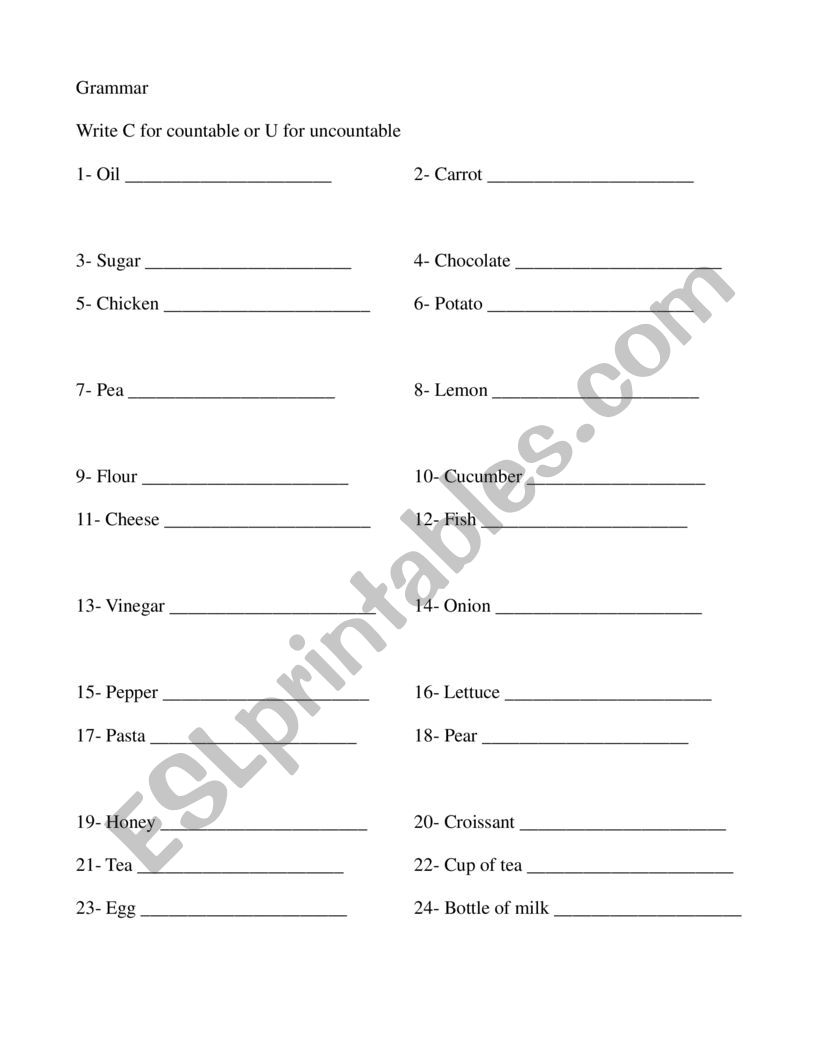 Countable and Uncountable nouns assessment