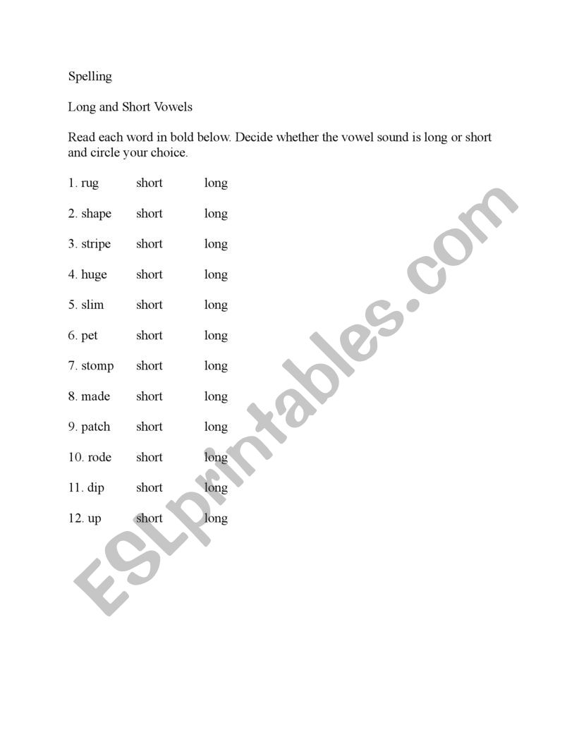 Short and Long Vowels worksheet