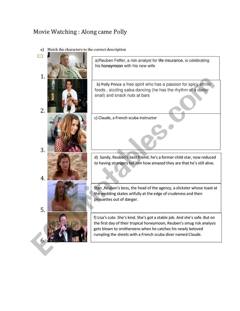 Movie ALONG CAME POLLY worksheet