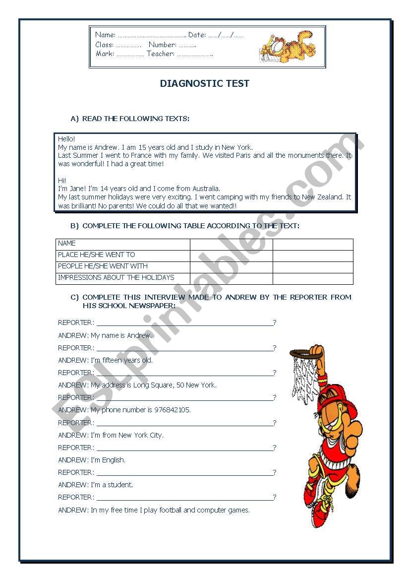 Diagnostic test worksheet