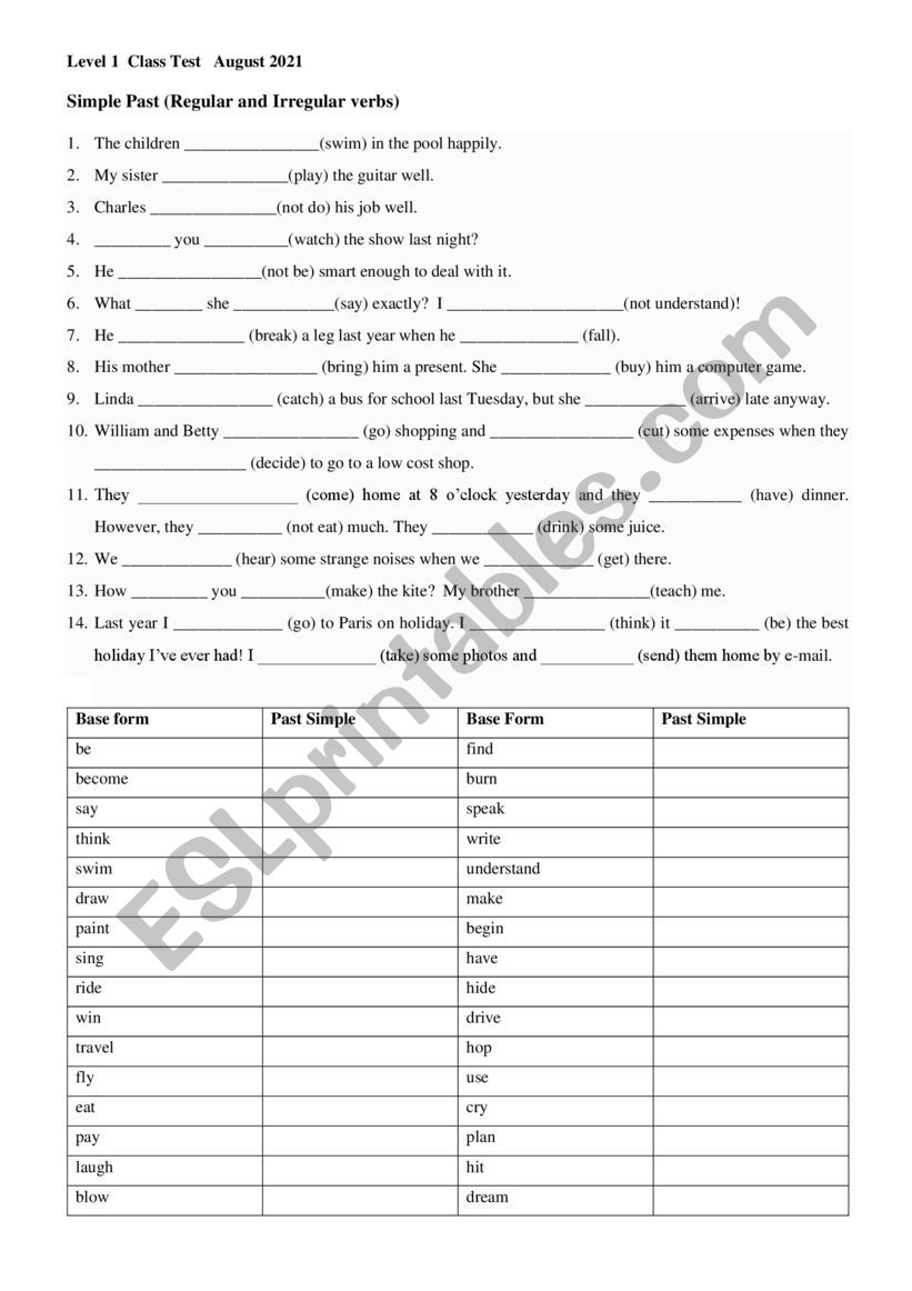 Simple Past Revision Test worksheet