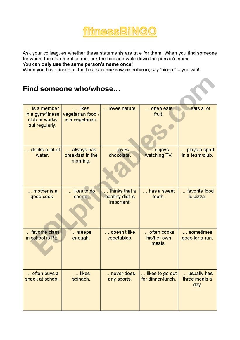 Bingo worksheet
