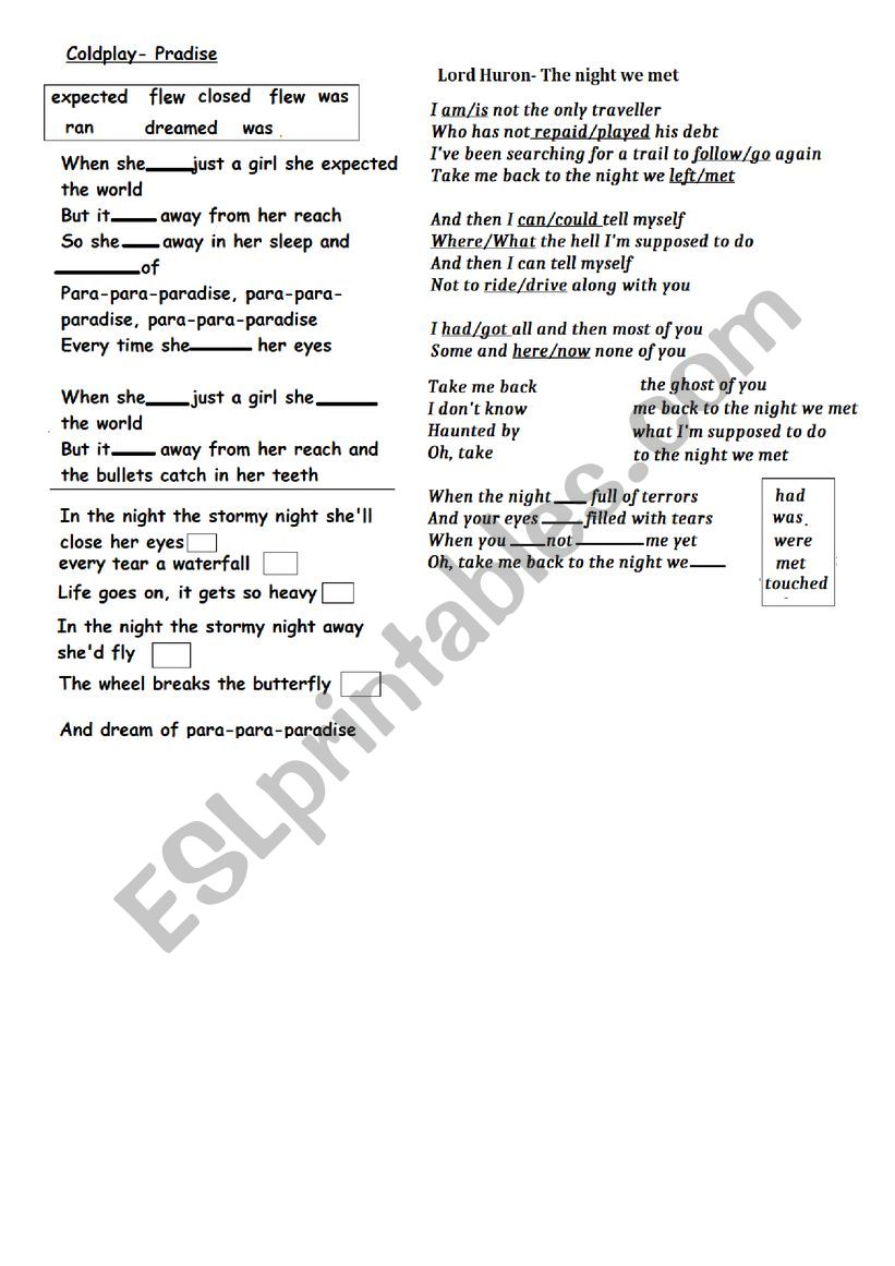 Simple Past Songs worksheet