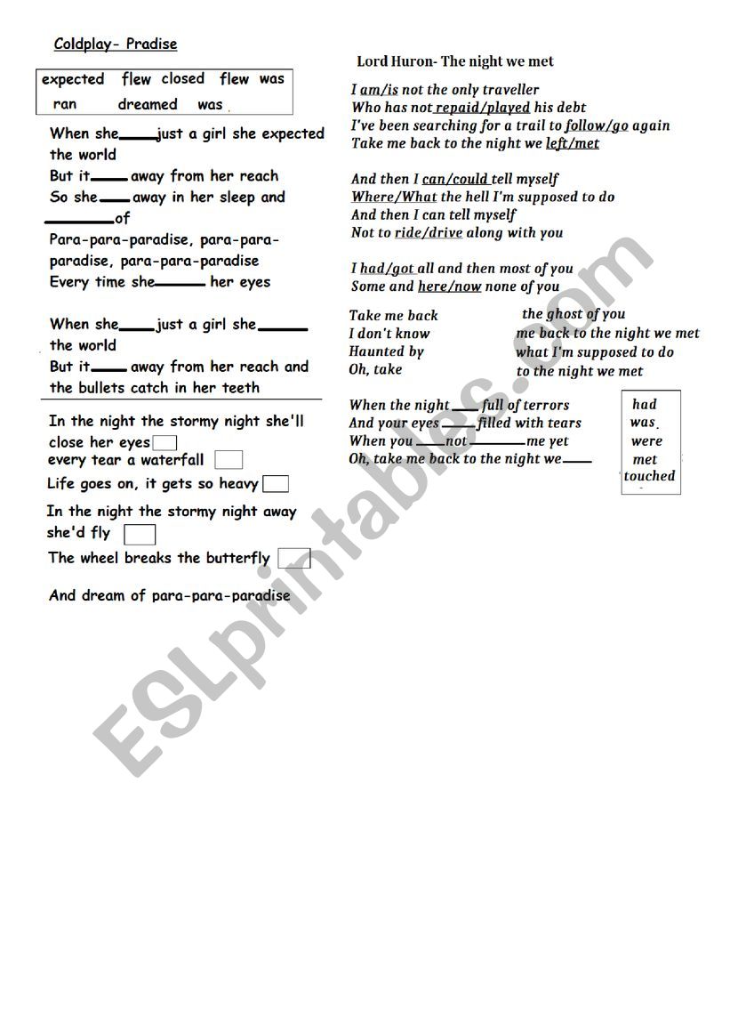 Simple Past Songs worksheet