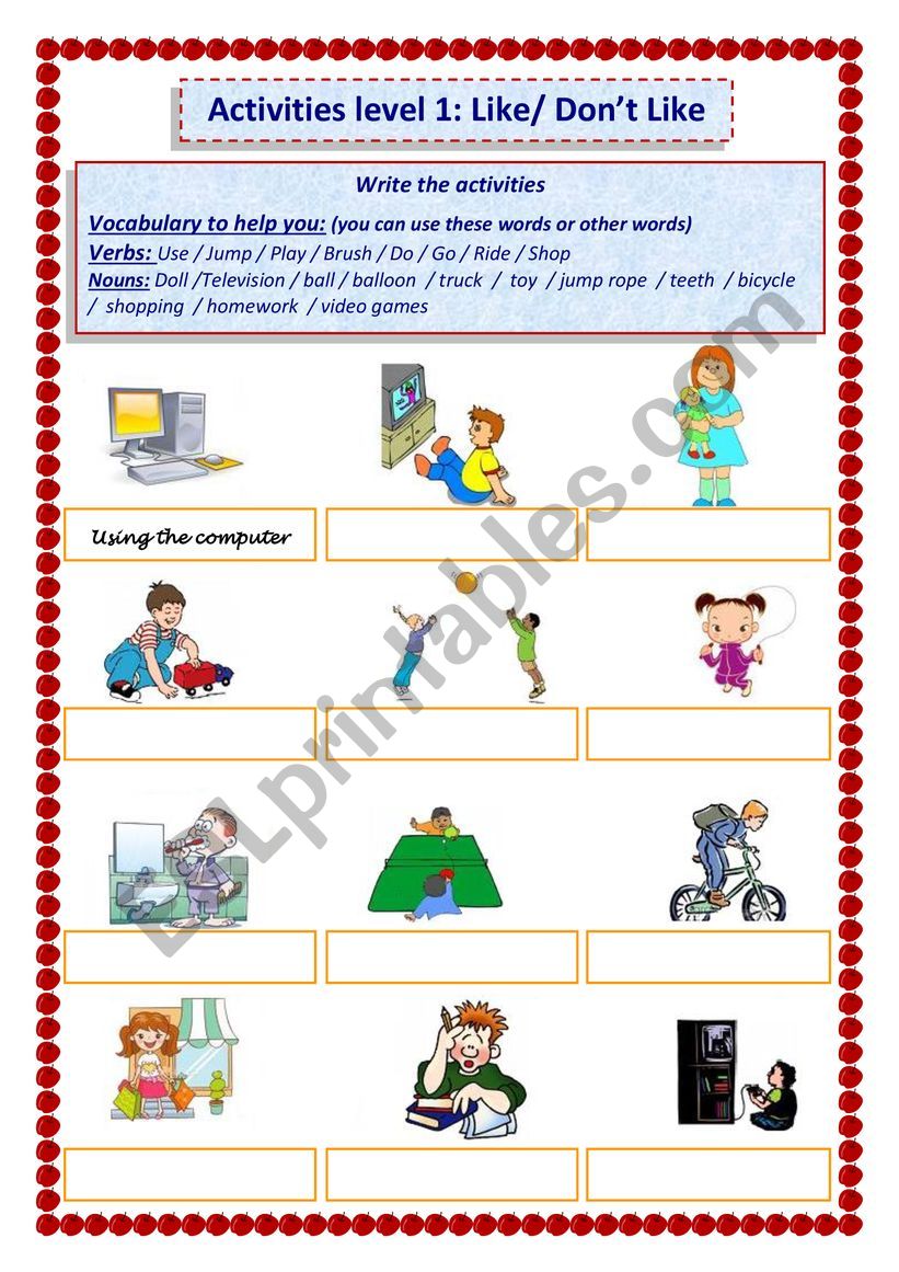 like - don t like: activity, actions + toys + wordsearch. Beginners