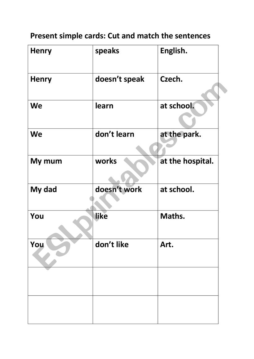 Present simple cards worksheet