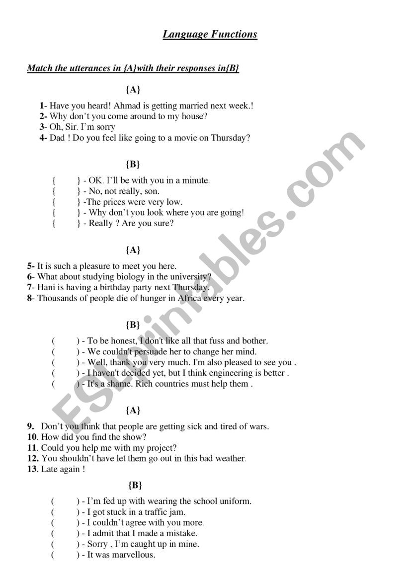 Language Functions worksheet