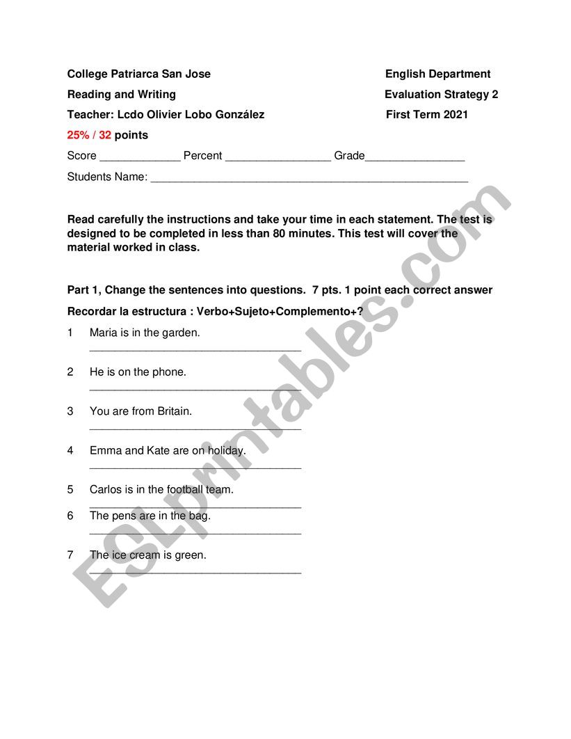 Reading and writing worksheet