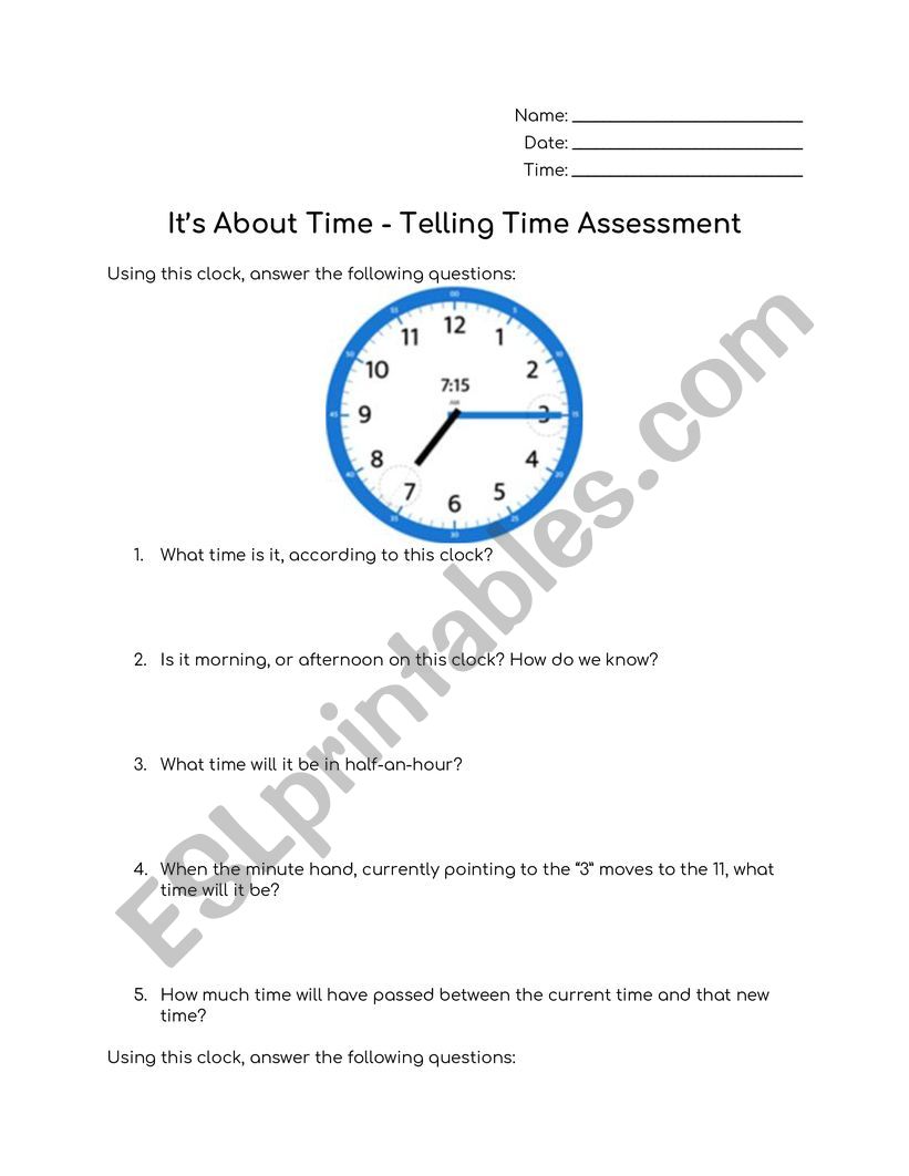 Telling Time Assessment worksheet