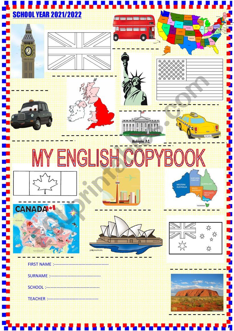 New copybook cover with tasks worksheet