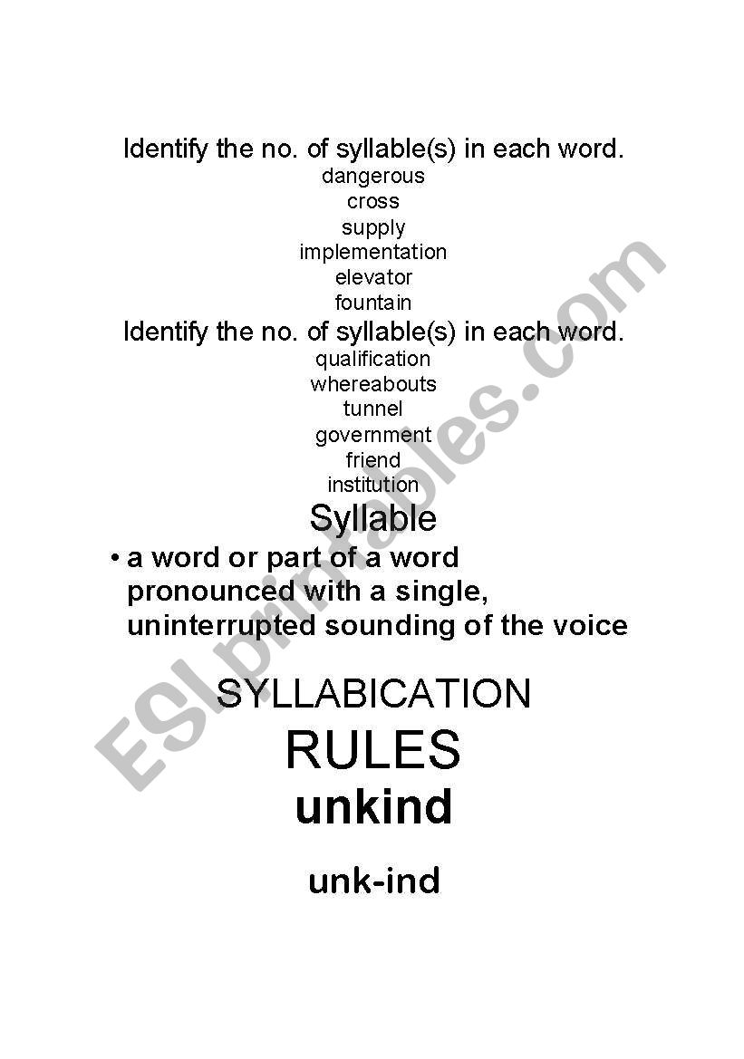lesson on syllables worksheet