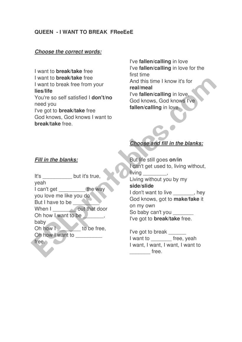 I want to break free by queen worksheet