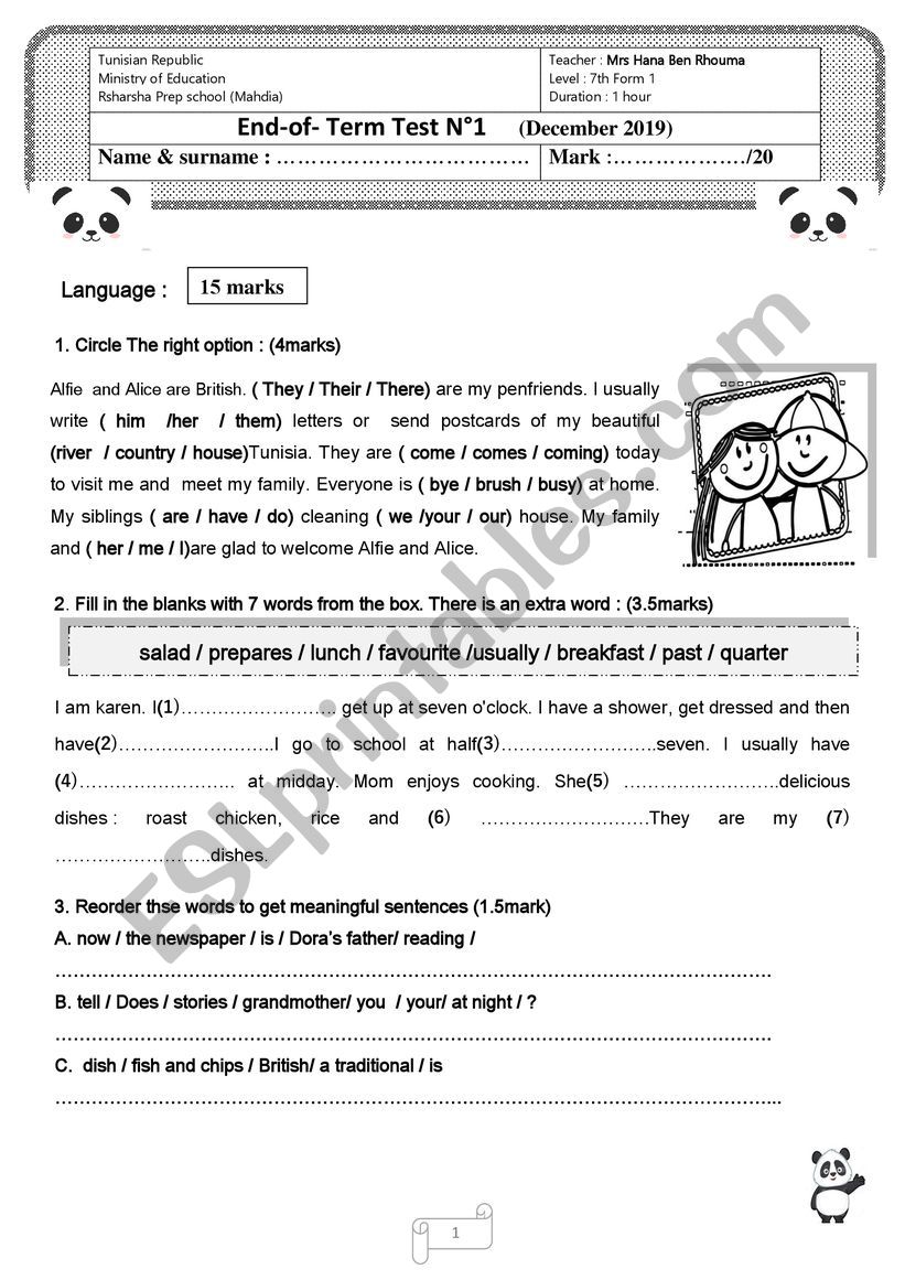 end of term test n1 7th fom tunisian school esl worksheet by hanamohamd
