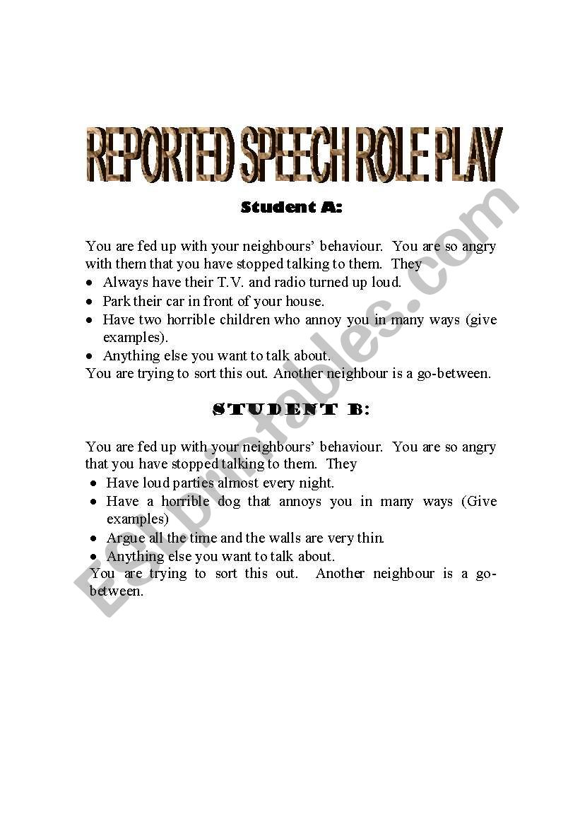 Reported speech role play worksheet