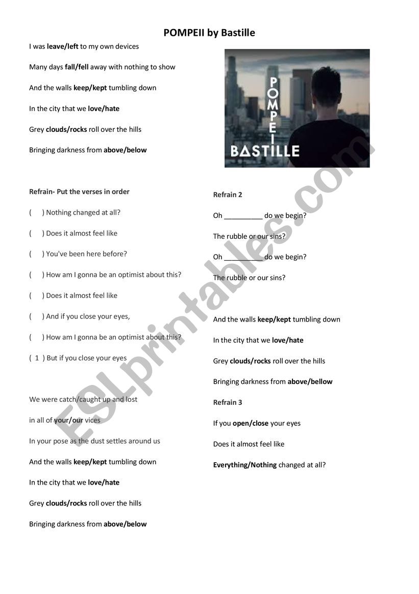 Pompeii- Bastille worksheet