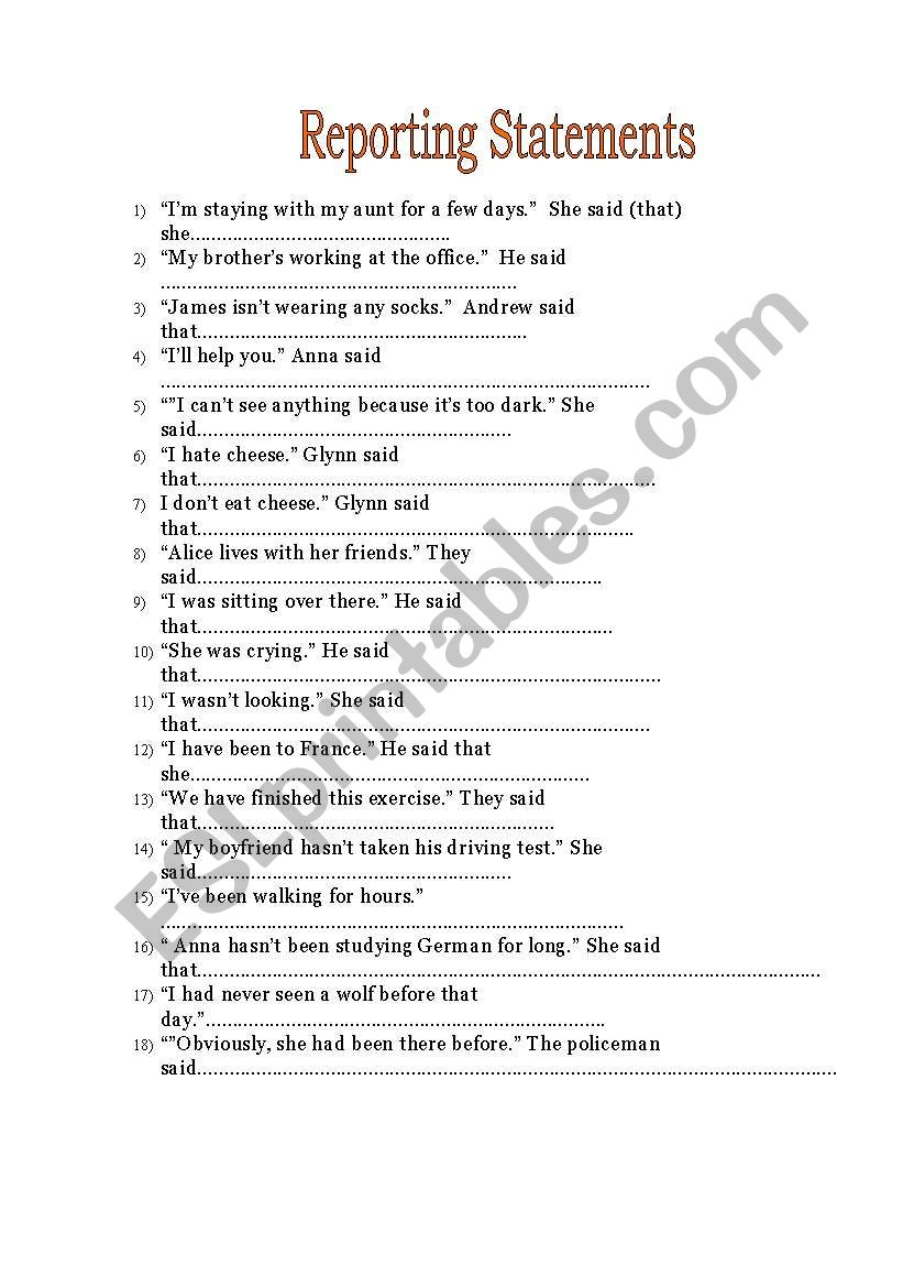 Reported statements worksheet