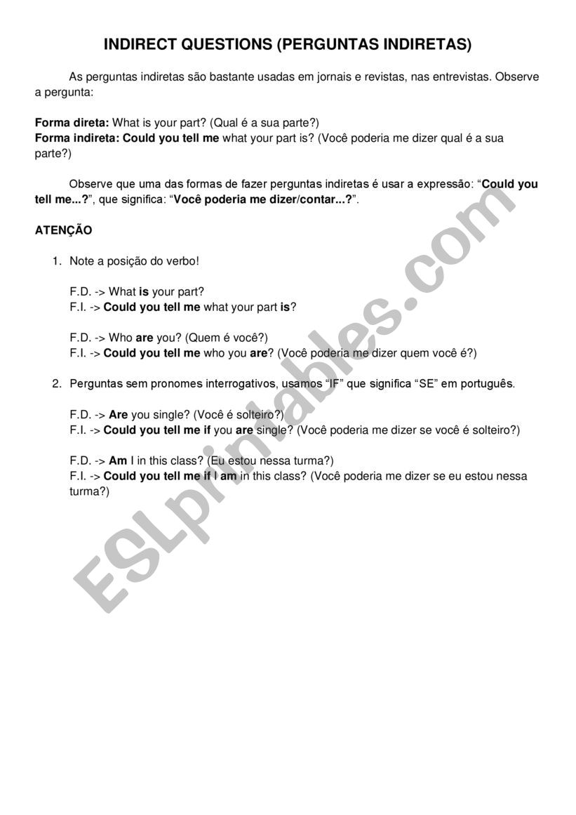 Indirect Questions worksheet