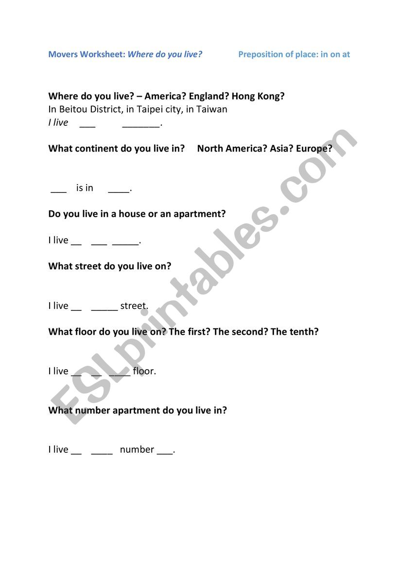Where do you live  worksheet