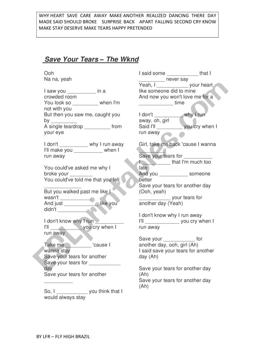 Save your tears fill gap worksheet