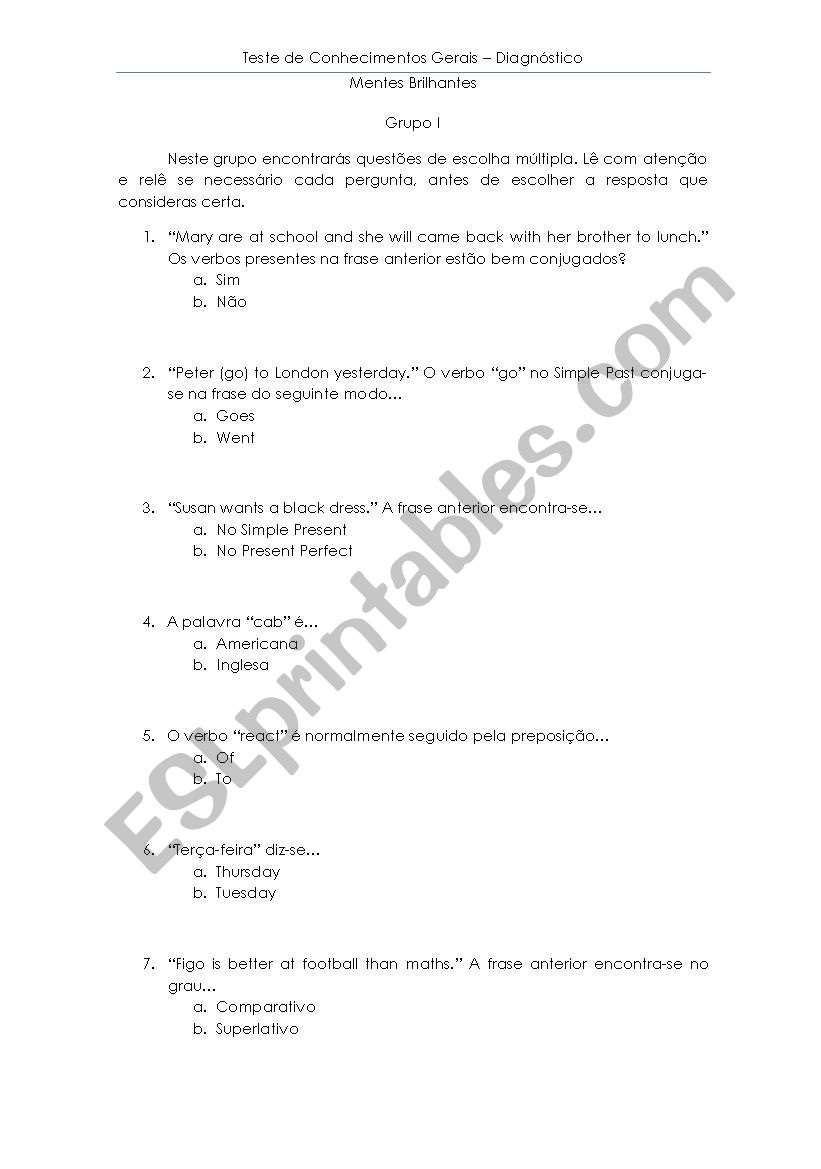 Teste diagnstico worksheet