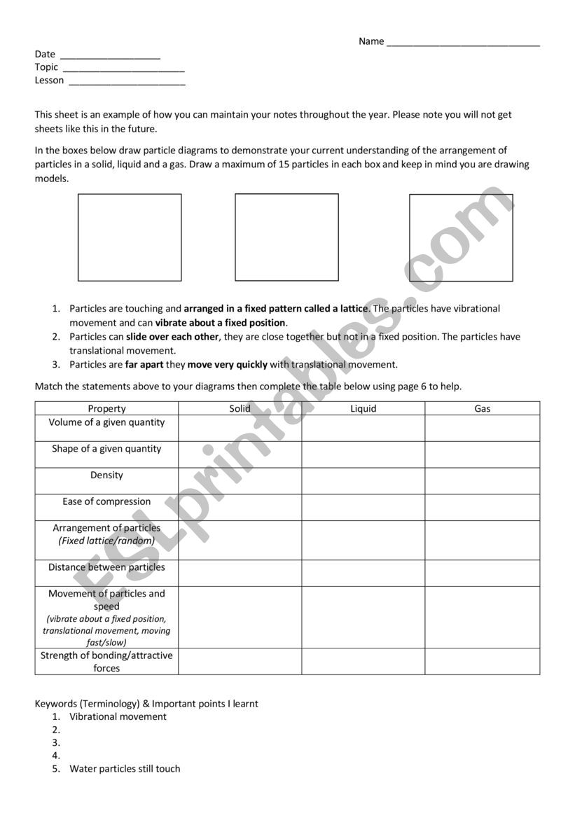 States of Matter - Work sheet worksheet