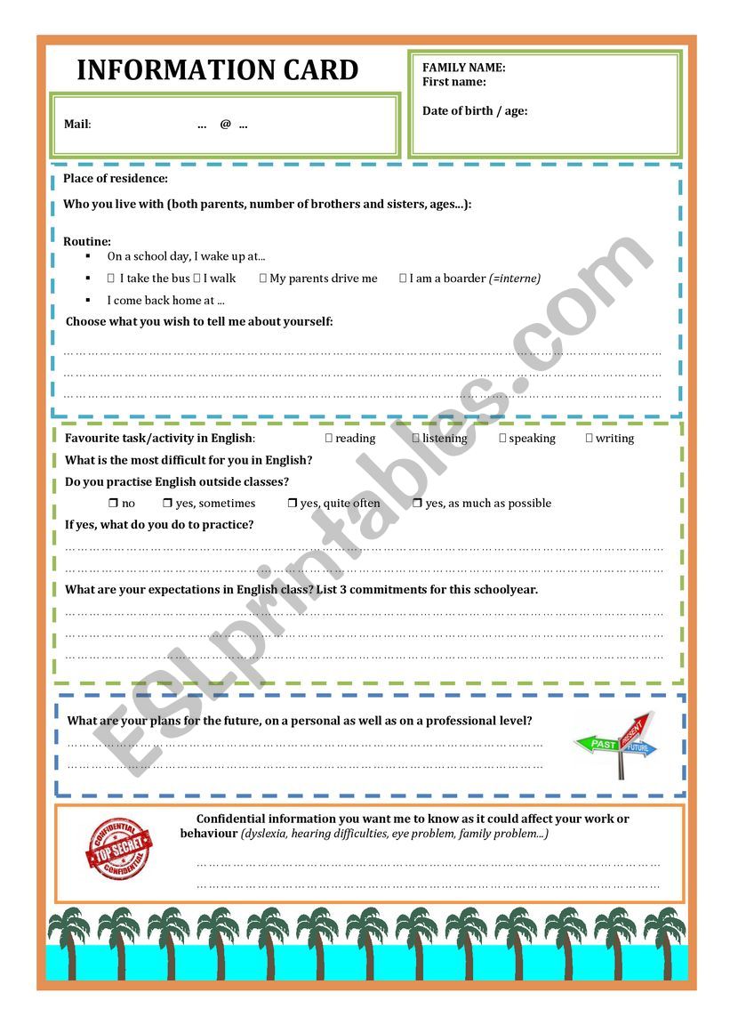 Information card worksheet
