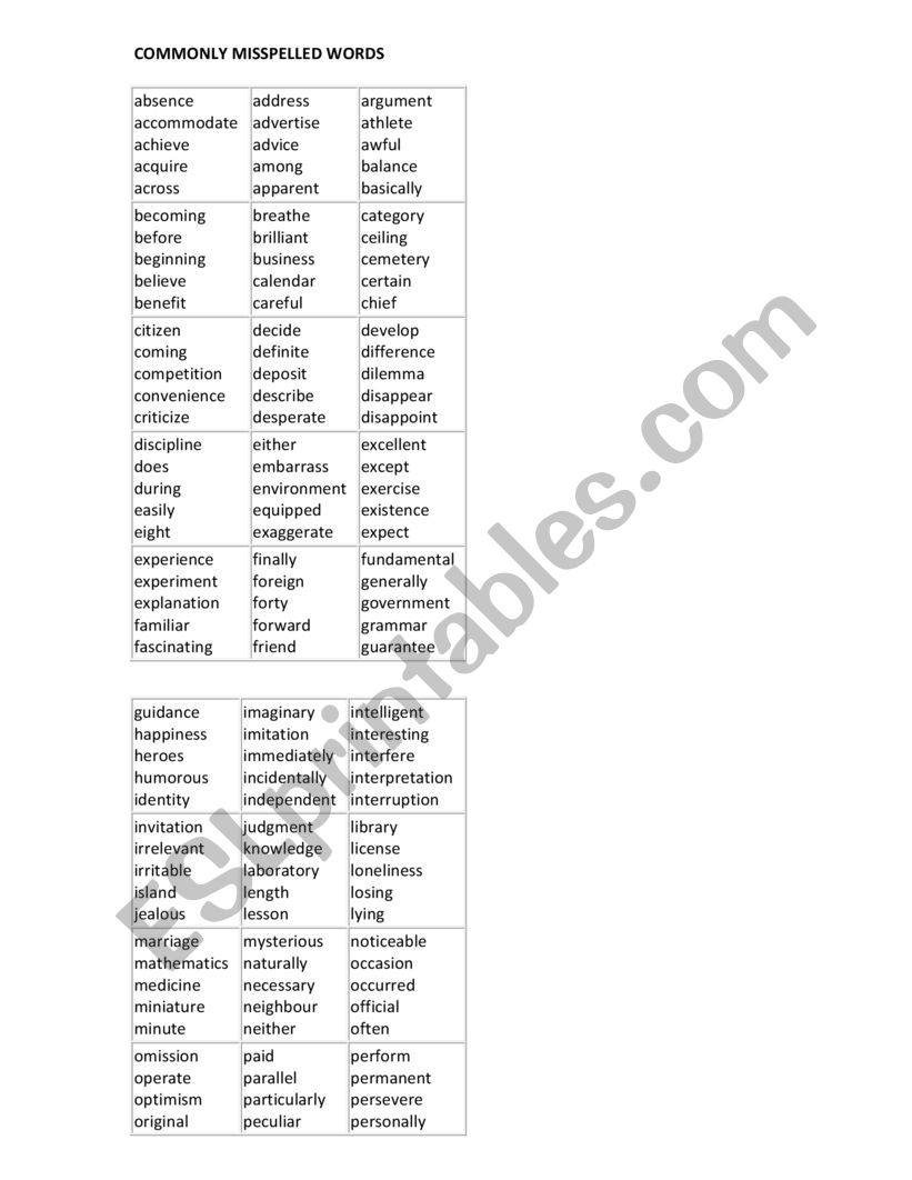 Commonly misspelt words worksheet