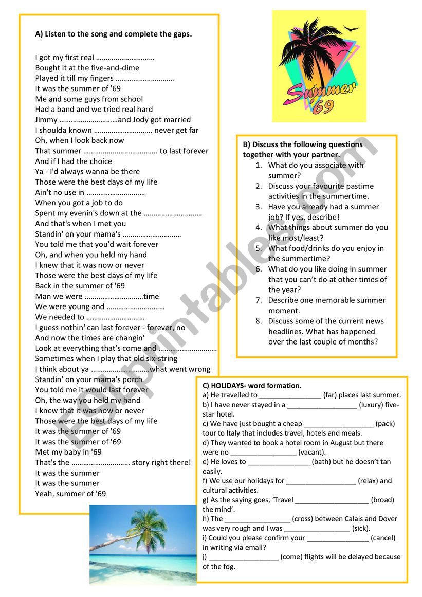 *** Summer of 69- SONG *** worksheet