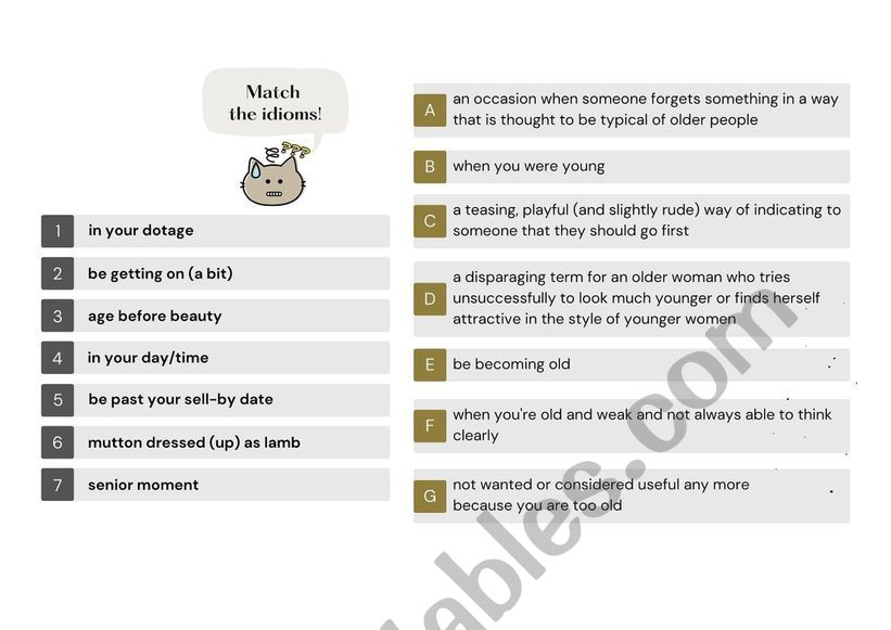 age / ageing idioms (matching exercise)