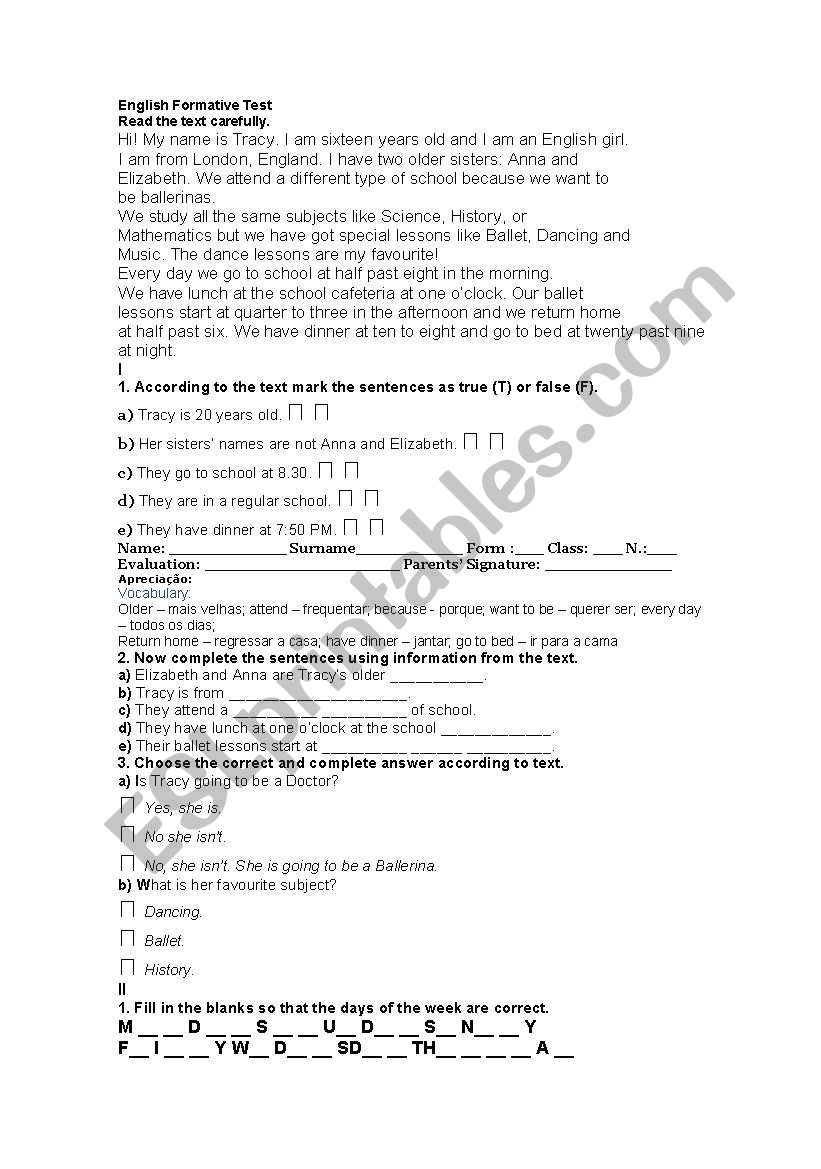 English test worksheet