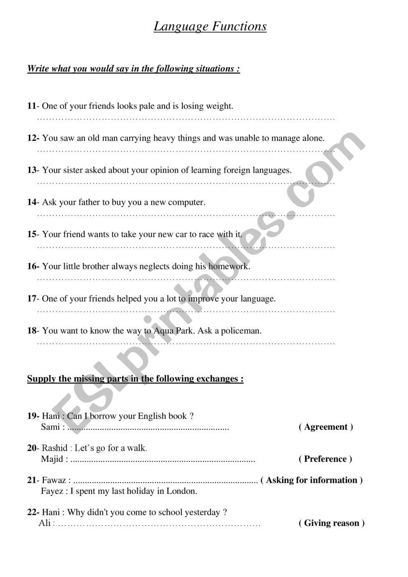 Language Functions worksheet