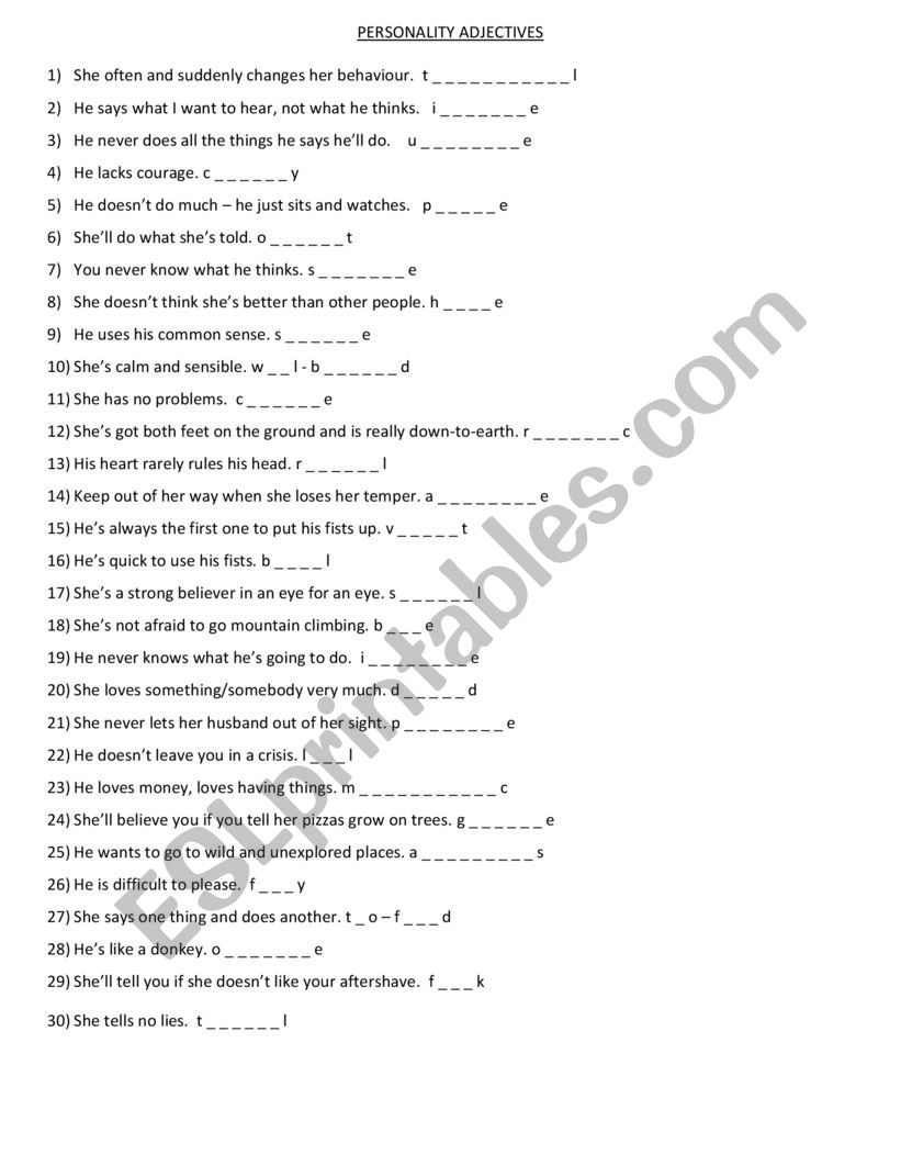 Personality adjectives worksheet