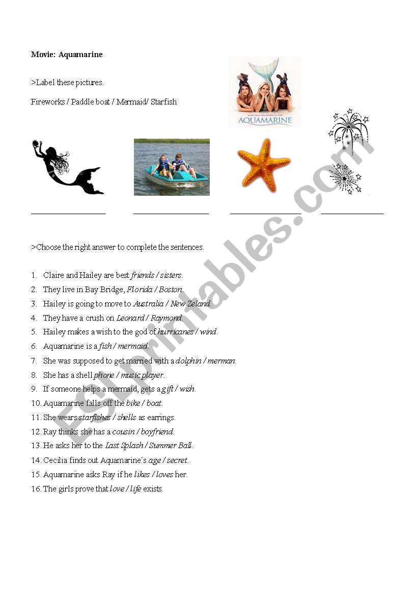 Movie: Aquamarine worksheet